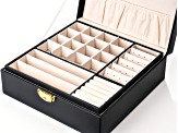 Black Faux Leather Lockable Jewelry Box with Removable Stacking Interior Layer