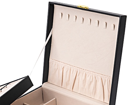 Black Faux Leather Lockable Jewelry Box with Removable Stacking Interior Layer