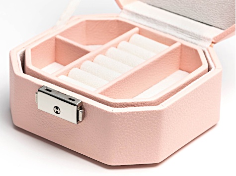 Lockable Pink Jewelry Box with Key, Inner Removable Storage Tray, and Mirror