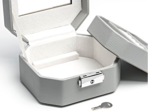 Lockable Gray Jewelry Box with Key, Inner Removable Storage Tray, and Mirror