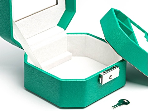 Lockable Green Jewelry Box with Key, Inner Removable Storage Tray, and Mirror