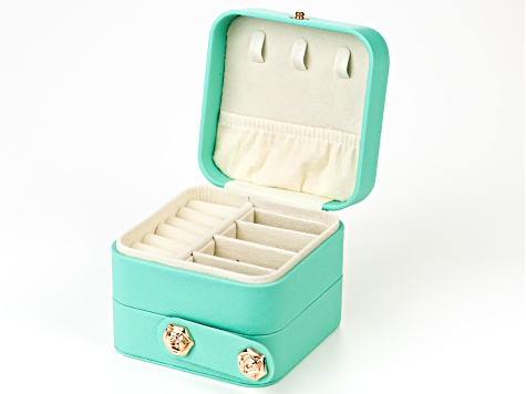 Turquoise 3 Layer Jewelry Box with Rose Snap Closure Approximately 3.75x3.75x3.15"