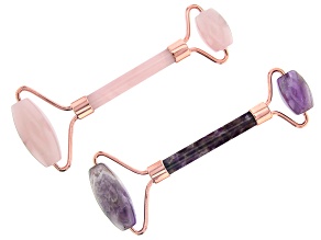 Amethyst And Rose Quartz Facial Roller Duo With Rose Tone Accents