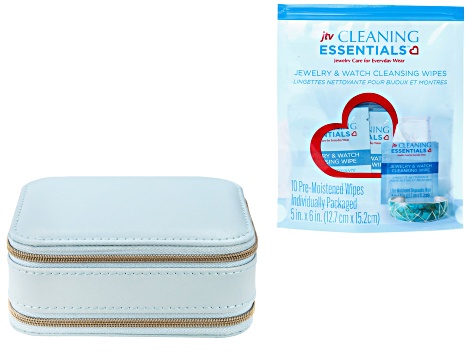 Sky Blue Pink Double Layer Travel Jewelry Box with Jewelry Cleaning Essentials(TM) Pack of 10 Wipes
