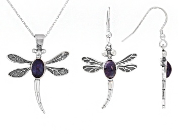 Picture of Bluejohn Fluorite Doublet Dragonfly Sterling Silver Earrings And Pendant With Chain Set