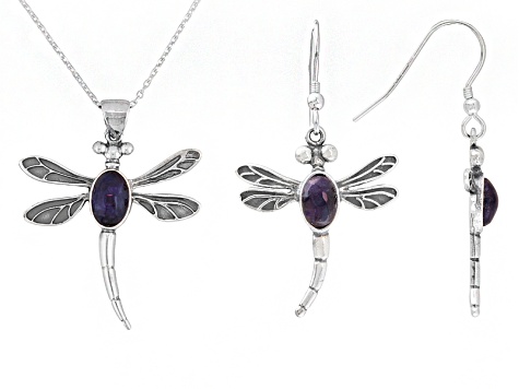 Bluejohn Fluorite Doublet Dragonfly Sterling Silver Earrings And Pendant With Chain Set