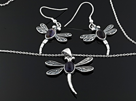 Bluejohn Fluorite Doublet Dragonfly Sterling Silver Earrings And Pendant With Chain Set