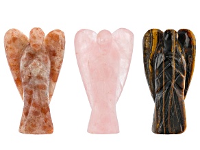 Hand Carved Angel Figurine Set of 3 in Rose Quartz, Feldspar, and Tiger's Eye