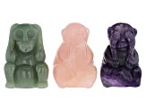 Three Wise Monkeys Figurine Set In Purple Fluorite, Rose Quartz And Green Quartzite