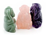 Three Wise Monkeys Figurine Set In Purple Fluorite, Rose Quartz And Green Quartzite