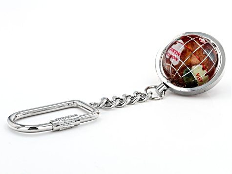 Gemstone Globe Keychain with Copper Amber Color Opalite Ocean and Silver Tone Keychain