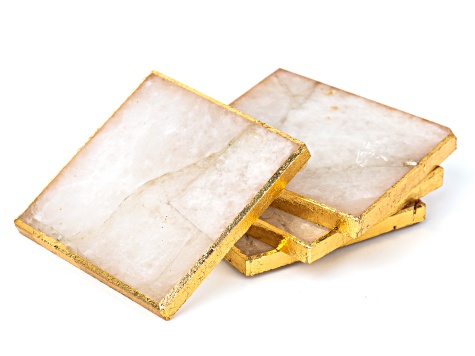 White Quartz Square Coaster Set of 4 with Gold Tone Accent