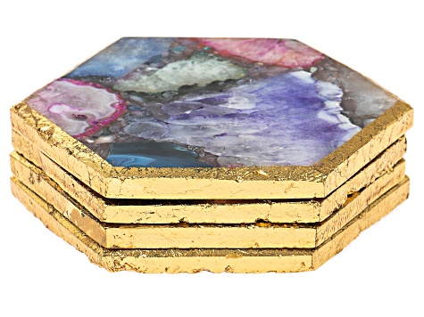 Multi-Color Agate Hexagonal Coasters Set of 4 with Gold Accents
