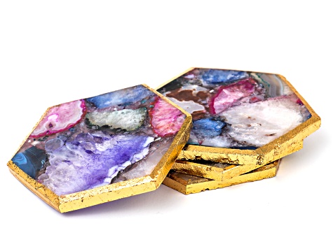 Multi-Color Agate Hexagonal Coasters Set of 4 with Gold Accents
