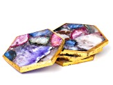Multi-Color Agate Hexagonal Coasters Set of 4 with Gold Accents