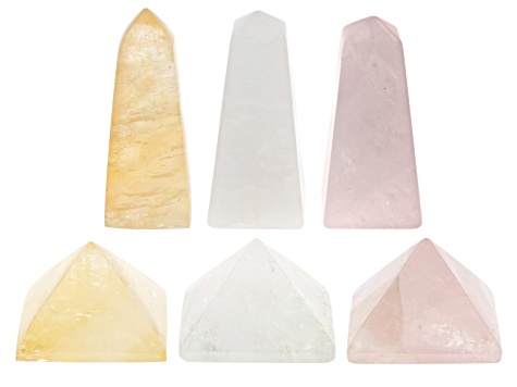 Calcite, Rose and Crystal Quartz Obelisk and Pyramid Set of 6