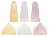 Calcite, Rose and Crystal Quartz Obelisk and Pyramid Set of 6