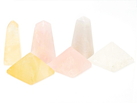 Calcite, Rose and Crystal Quartz Obelisk and Pyramid Set of 6