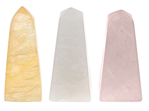 Calcite, Rose and Crystal Quartz Obelisk and Pyramid Set of 6