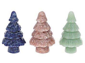 Picture of Carved Pine Tree Figurine Set of 3 in Green Quartzite, Pink Aventurine, and Sodalite