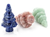 Carved Pine Tree Figurine Set of 3 in Green Quartzite, Pink Aventurine, and Sodalite