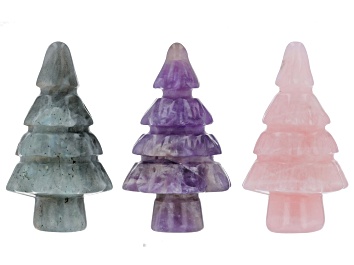 Picture of Carved Pine Tree Figurine Set of 3 in Amethyst, Gray Labradorite, and Rose Quartz