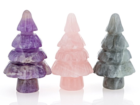 Carved Pine Tree Figurine Set of 3 in Amethyst, Gray Labradorite, and Rose Quartz