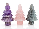 Carved Pine Tree Figurine Set of 3 in Amethyst, Gray Labradorite, and Rose Quartz
