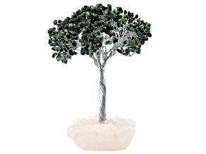 Emerald Chip Silver Tone Gemstone Tree with Quartz Base