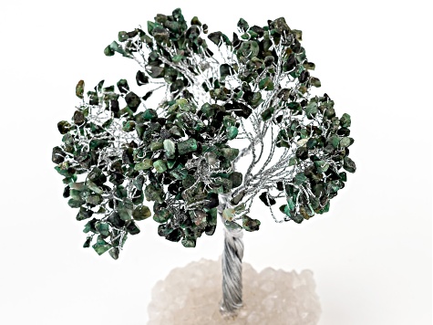 Emerald Chip Silver Tone Gemstone Tree with Quartz Base