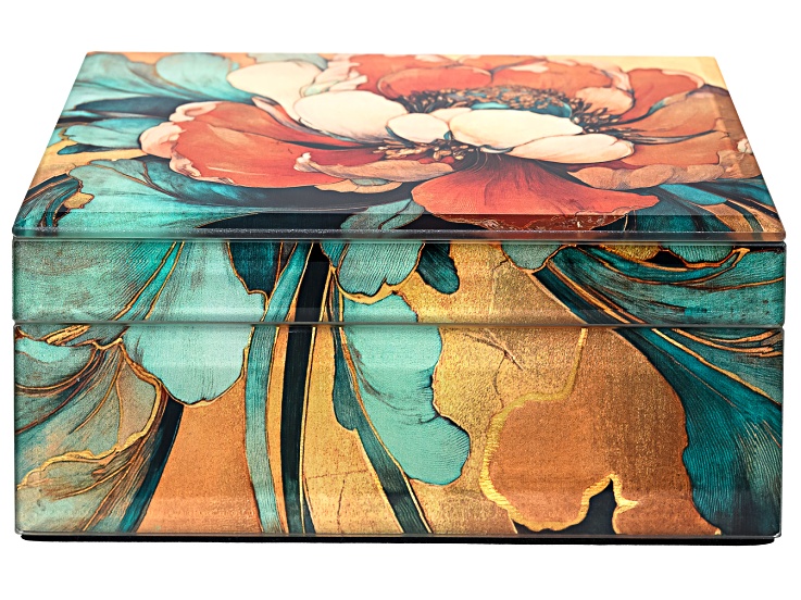 Teal & Orange Floral Print Mirrored Glass Jewelry Box - HDC142B | JTV