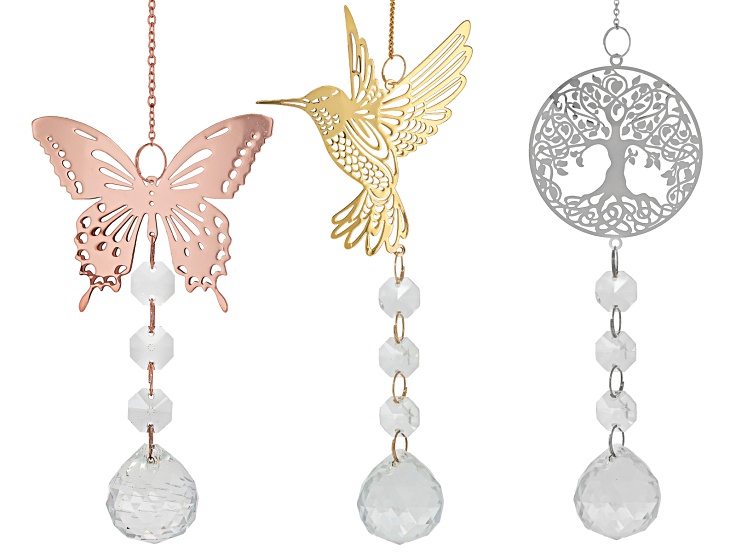 Crystal With Tricolor Butterfly, Tree, and Hummingbird Suncatcher Set of 3.