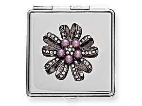 Faux Pearl & Clear Crystal Floral Design Square Silver Tone Compact Mirror