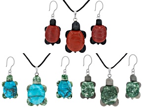 Red Jasper, Green Spot Stone, & Turquoise Color Jasper Turtle Necklace & Earring Set of 3