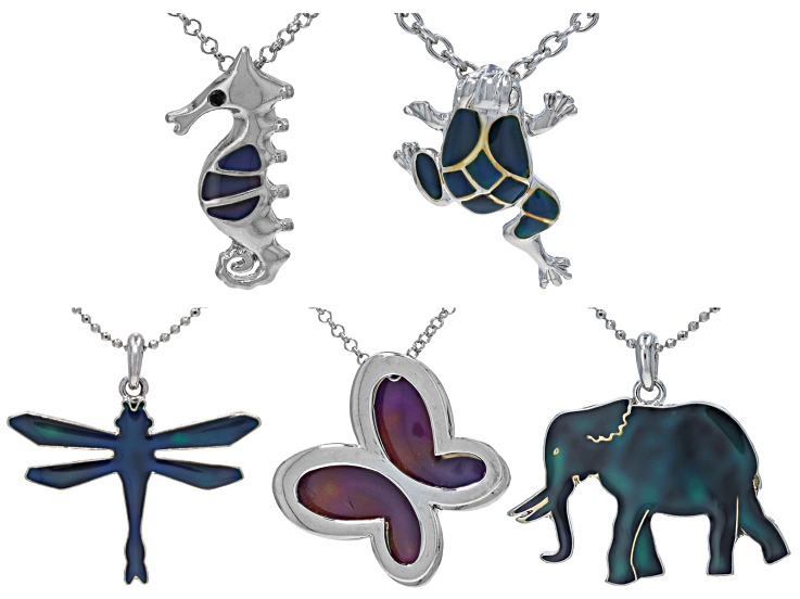 Mood Necklace Butterfly, Sea Horse, Frog, Elephant, & Dragonfly Set of 5