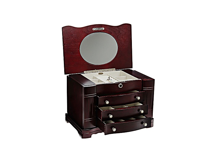 Jewelry box with open lid and drawers