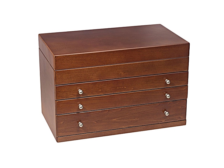 Closed wooden jewelry box with drawers