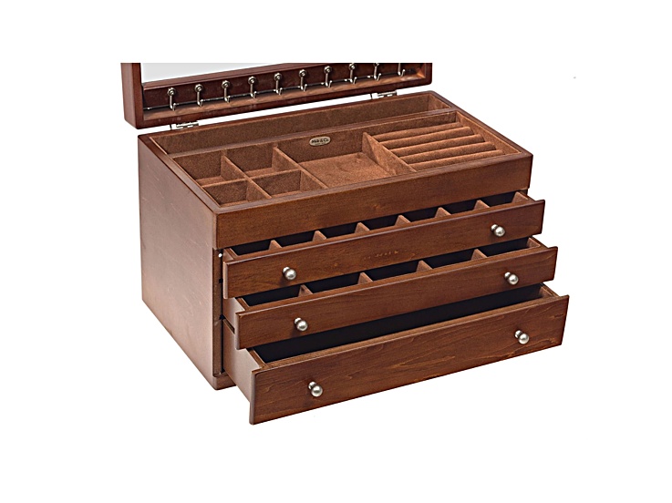 Wooden jewelry box with open lid and drawers