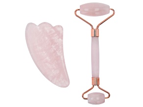 Pre-Owned Rose Quartz Facial Roller and Gua Sha Set with Rose Tone Accents