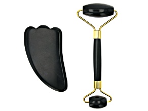 Pre-Owned Black Obsidian Facial Roller and Gua Sha Set with Gold Tone Accents