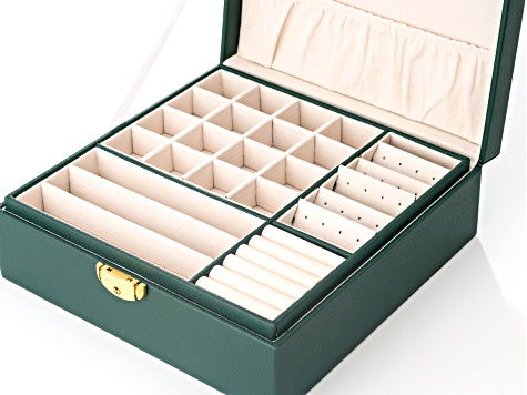 Pre-Owned Green Faux Leather Lockable Jewelry Box with Removable Stacking Interior Layer
