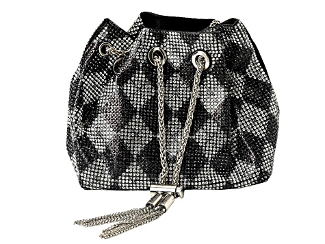 Pre-Owned Black & White Crystal Silver Tone Drawstring Bucket Bag