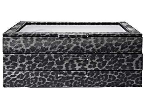 WOLF Large Jewelry Box with Window in Dark Gray Leopard Print with Gray ...