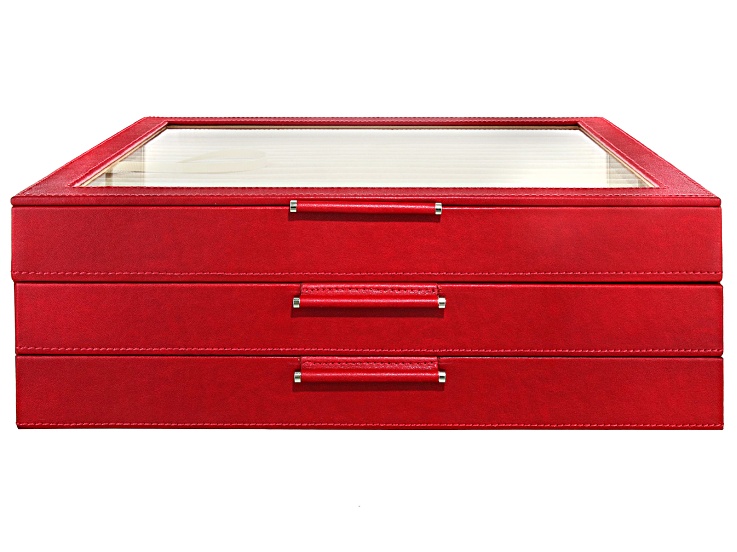 WOLF Large 3-Tier Jewelry Box with Window and LusterLoc in Red