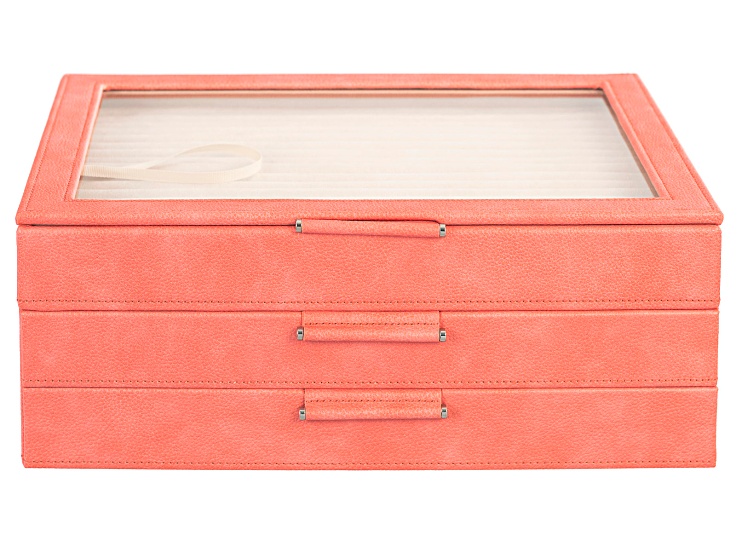 WOLF Large 3-Tier Jewelry Box with Window and LusterLoc in Coral