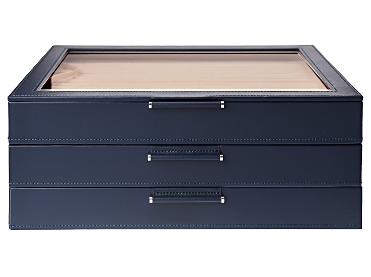 WOLF Large Jewelry Box with Window and LusterLoc in Navy - WJB129Z