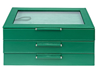 WOLF Medium 3-Tier Jewelry Box with Window in Palm Leaf with Green Lusterloc (TM)