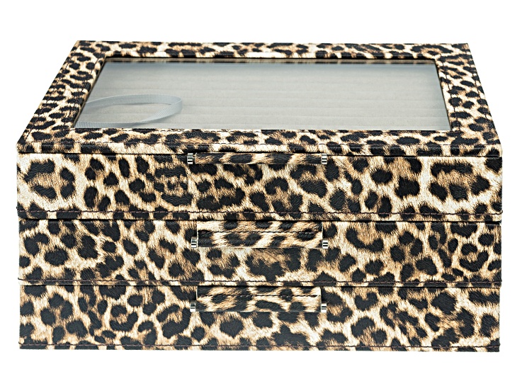 WOLF Medium 3-Tier Jewelry Box with Window in Leopard with Mink