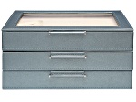 WOLF Medium 3-Tier Jewelry Box with Window and LusterLoc (TM) in Metallic Blue