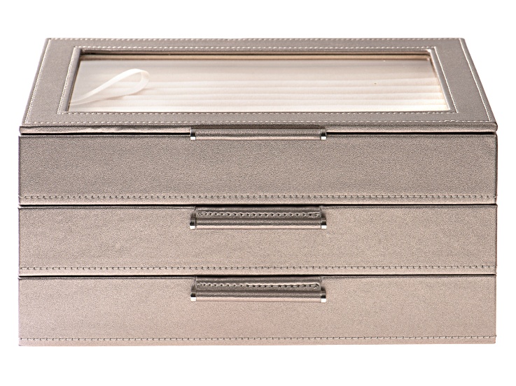 WOLF Medium 3-Tier Jewelry Box with Window and LusterLoc (TM) in Metallic Pewter